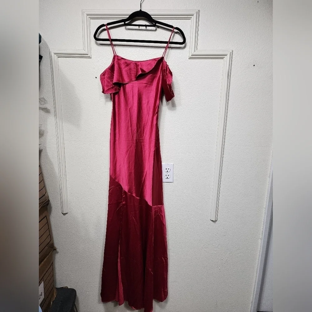 Lulus Enchanting Aesthetic Magenta Satin Asymmetrical Maxi Dress S Wedding Prom